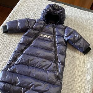 Mackage Allie down bunting snowsuit for babies.